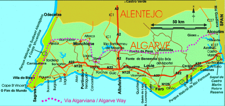 Map of the Algarve region of Portugal